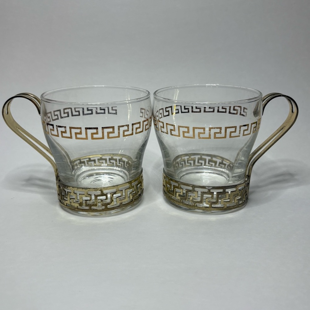 Pair Of 2 Vintage Libbey Clear Glass Coffee Tea Cups, Greek Key & Gold Color MCM